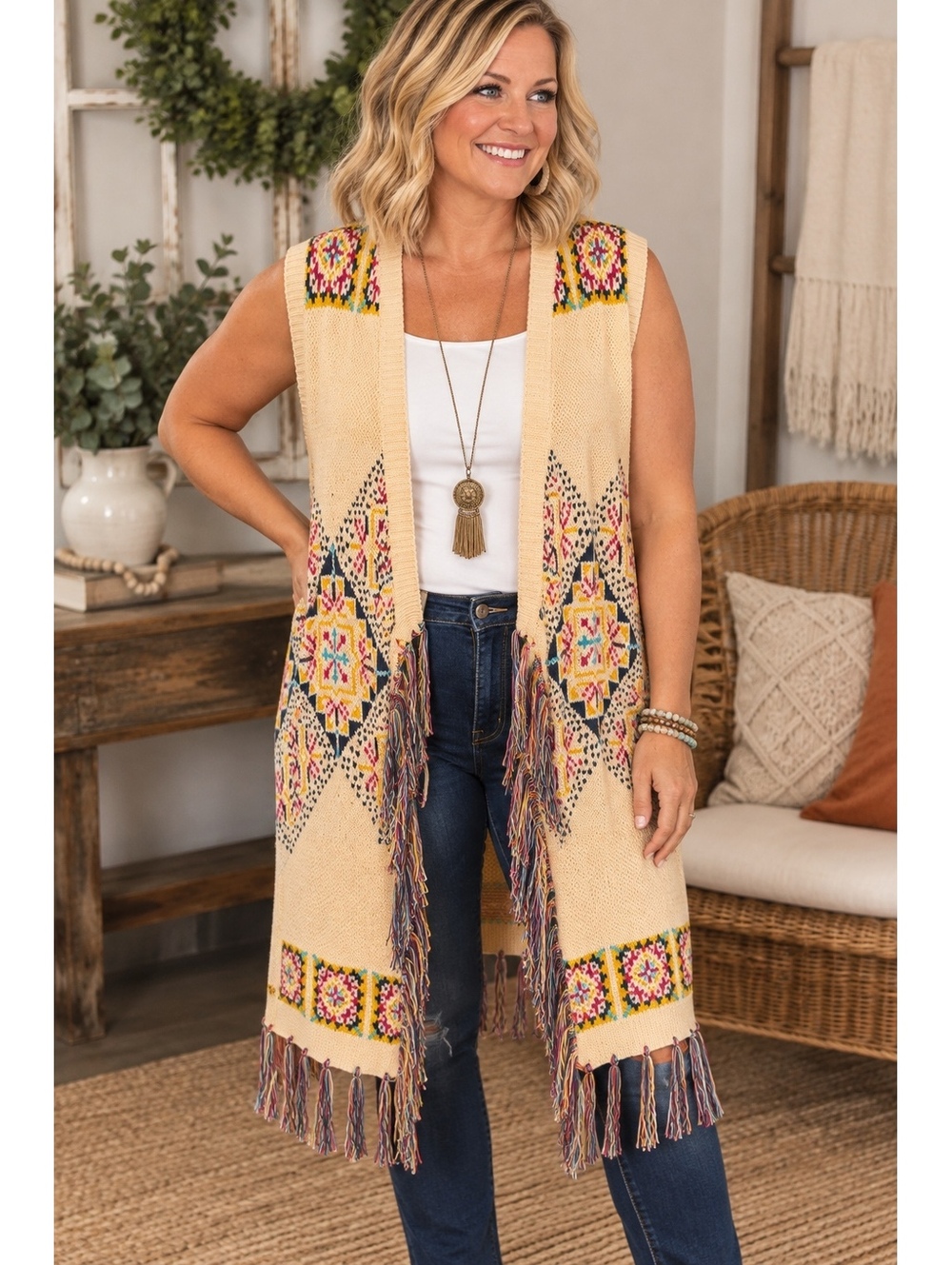 1268 Panhandle Powder River Outfitters XL (CALL OUT Knit Vest w Fringe A0001268